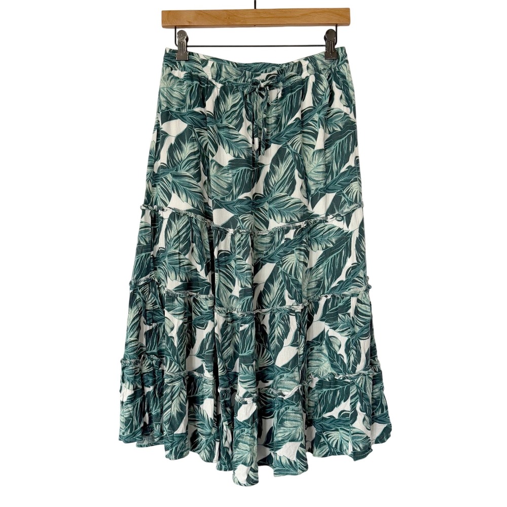 Skies Are Blue Palm Leaf Womens M Green Midi Skirt Tropical Resort Boho Summer